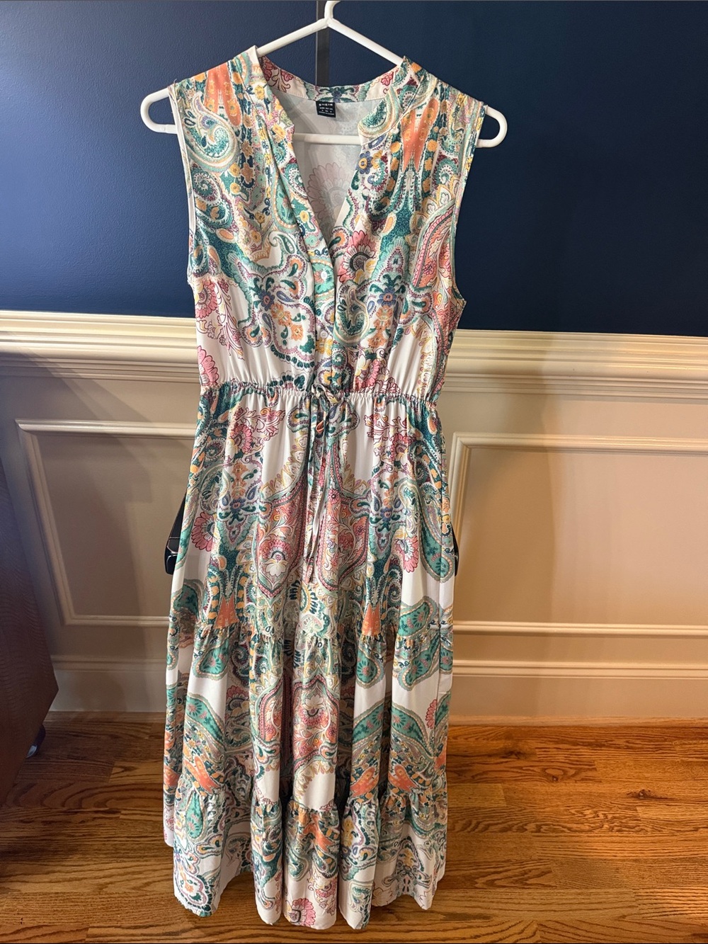 SHEIN White Maxi Dress with Teal, Coral & Yellow Paisley